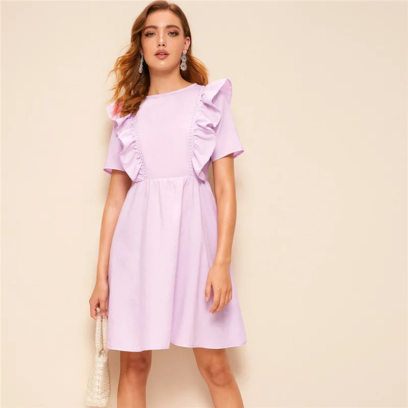 SHEIN однотонное платье миди на молнии сзади с рюшами и проймой женское летнее платье с круглым вырезом и коротким рукавом милое расклешенное ТРАПЕЦИЕВИДНОЕ ПЛАТЬЕ С Высокой Талией