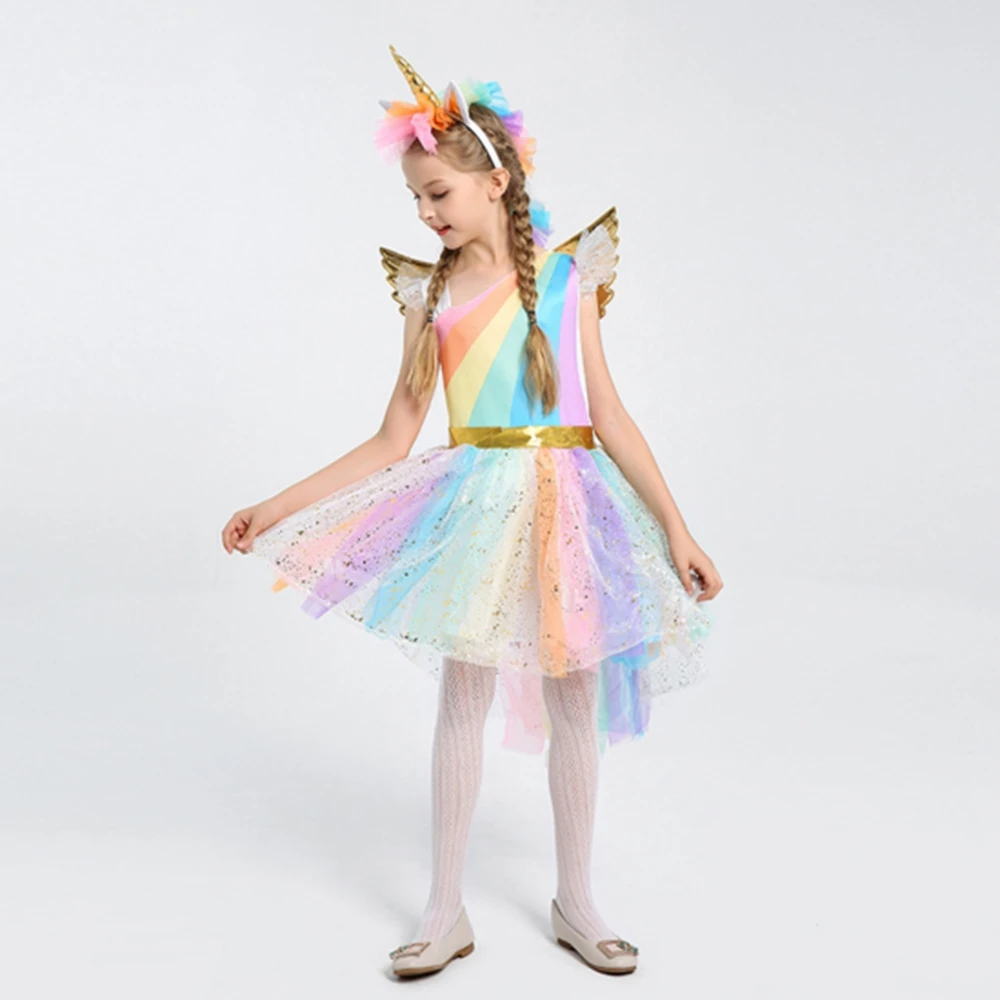 FINDPITAYA Girl Unicorn Dress Kids Flying Sleeve Rainbow Party Dancing Tutu Girls Christmas Pageant Tulle Cosplay Costume | Тематическая