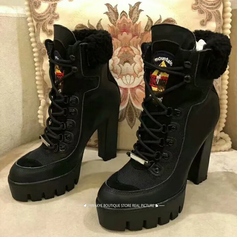 Зимние женские мотоциклетные сапоги на платформе и высоком каблуке 12 см; Botas Mujer; лоскутные шерстяные зимние сапоги с бахромой; ботильоны для женщин