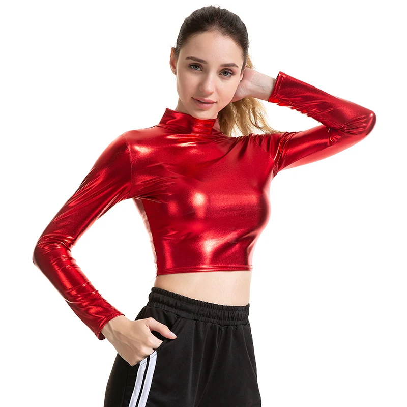 

YRRETY Women Long Sleeve Sexy Crop Tops Turtleneck T-Shirt Femme Casual Summer T Shirt Plus Size XXL Bright Leather Clothing