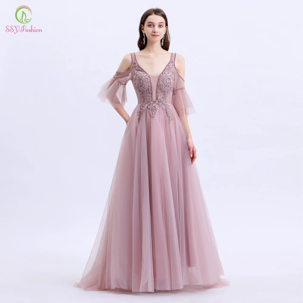 Женское вечернее платье SSYFashion элегантное банкетное розовое с кружевной