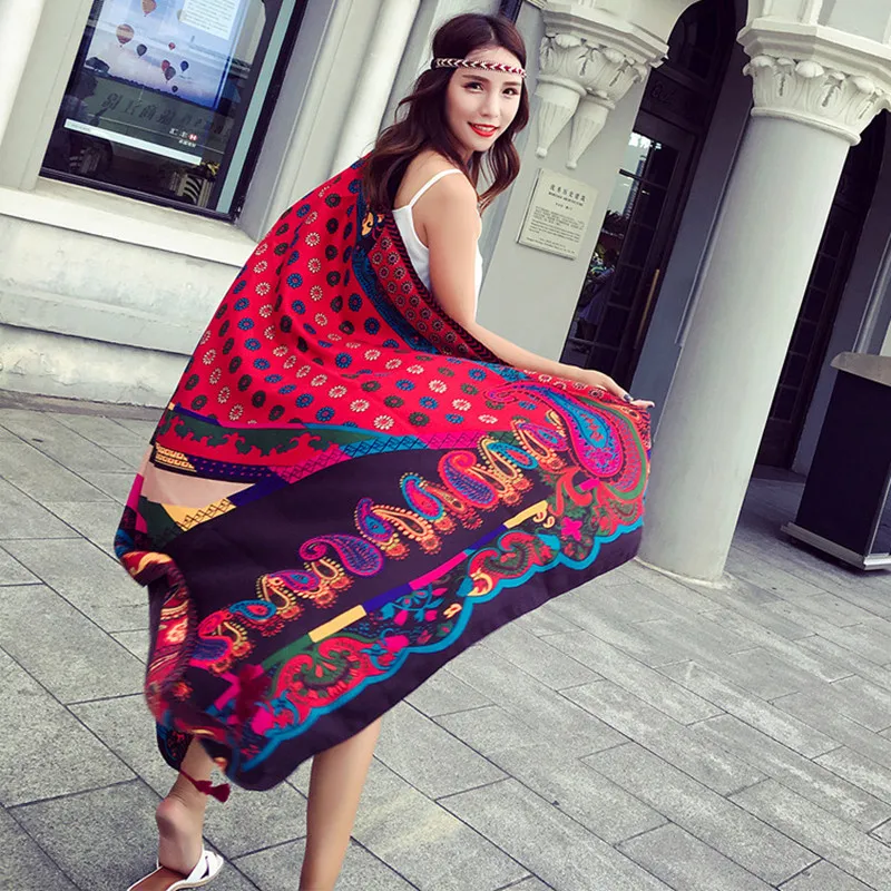 

New Ethnic Wind Scarf Female Tassel Printing Large Shawl Spring and Summer Travel Silk Scarf Seaside Holiday Sunscreen Beach Tow