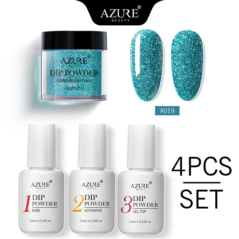 19 Azure Beauty 4Pcs/Lot Dipping Powder Base Nail Coat Set Shiny Glitter Dip Powder Gradient Color Powder Kits Top Gel Activator - Цвет: 19