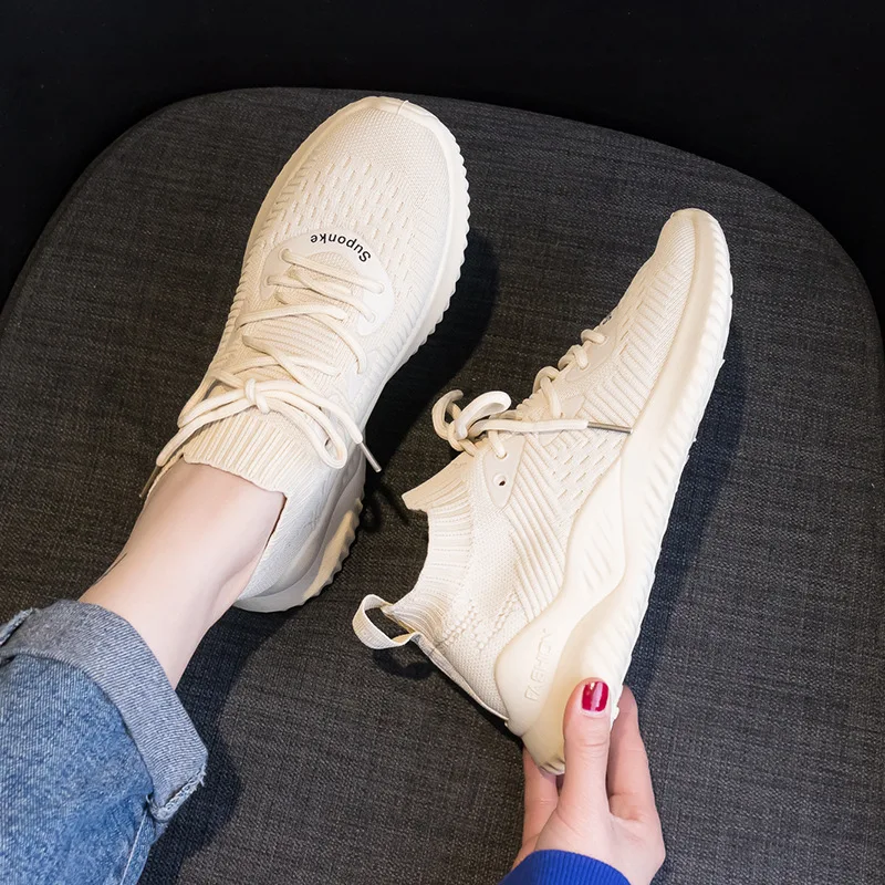 

New Sneakers Women Sport Shoes Lace-Up Beginner Rubber Fashion Mesh Round Cross Straps Flat Sneakers Running Shoes Casual Shoes