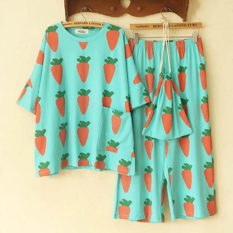 Pjamas for women radish print cotton 2 pieces pajamas set plus size short sleeve pants summer female sleepwear casual home suit