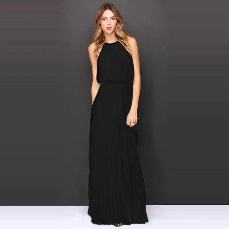 1PC Dress Female Sexy Waist Long Dresses Halter Pleated Sleeveless Spaghetti Strap Chiffon 5 Colors For Women SY2047 | Женская одежда