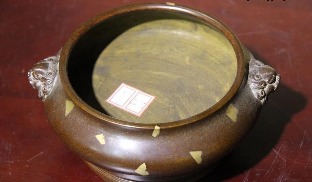 Китайский Старый фиолетовый Медь Бронза Foo Собаки Лев Головы Уши курильница