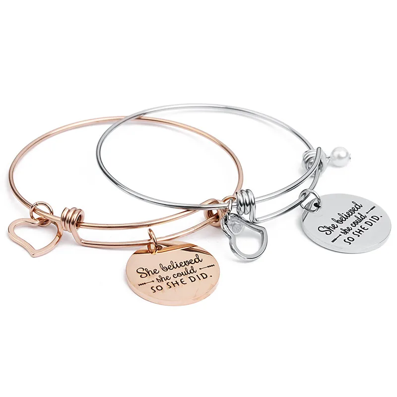 XINYAO Stainless Steel Round Heart Pearl Charms Bangle Bracelet Engraved She Believed Could So Did Love Bracelets Femme | Украшения и