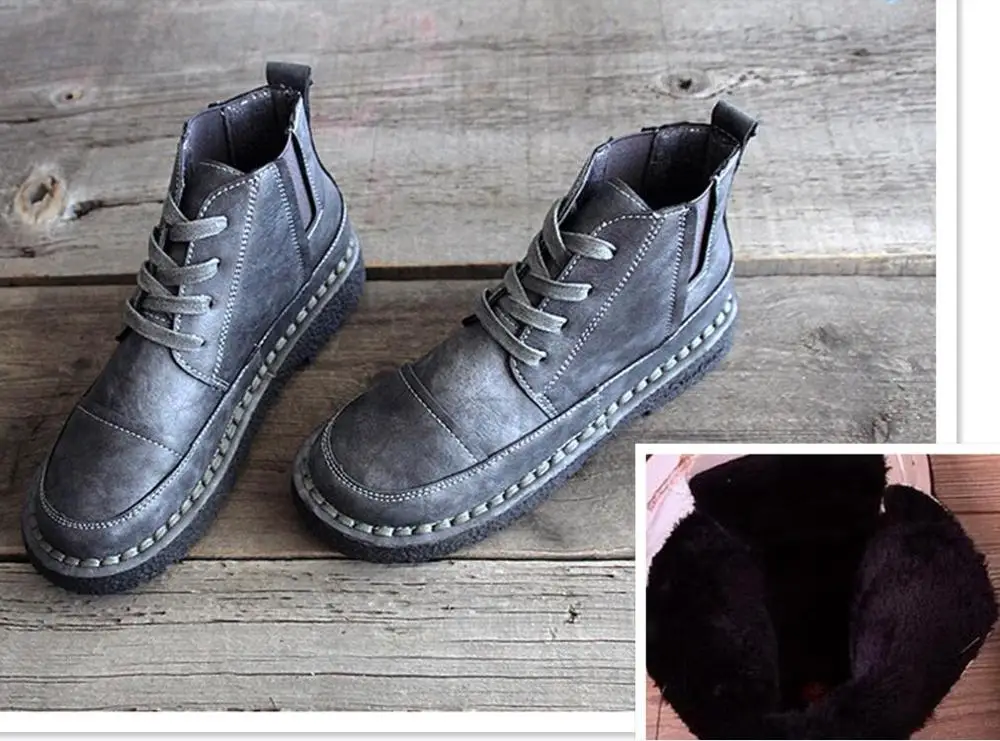 Grey With velvet Careaymade-By/Новинка года; женские ботинки для отдыха; Художественные ботинки ручной работы на плоской подошве; Теплые ботильоны на мягкой подошве в стиле ретро - Цвет: Grey With velvet