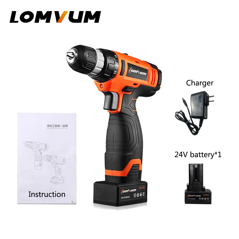 24V double 1 battery LOMVUM 24 В многофункциональная аккумуляторная отвертка ЛИТИЕВАЯ/батарея электрическая двойная регулировка скорости Мини дрель пресс мотор кручение - Цвет: 24V double 1 battery