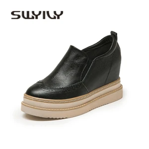 Женские кроссовки на танкетке SWYIVY из натуральной кожи, осенние кроссовки на массивной платформе, женская повседневная обувь без шнуровки, женская обувь, 2019