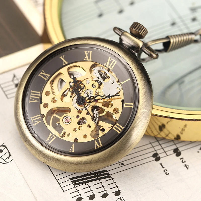 Retro Bronze Skeleton Mechacnical Hand-winding Mens Pocket Watch FOB Chain Roman Numbers Smooth Steel Women Unisex Pocket Watch