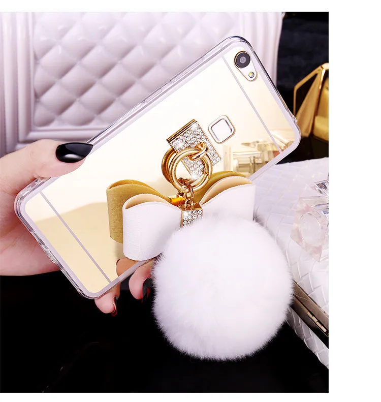 Ainike Soft Rabbit Fur Ball Bowknot Bling Diamond Tassel Mirror TPU Phone Cover Case For Vivo U1 Z3X Y91 Y85 Y73 Y66 Y31 X30Pro |