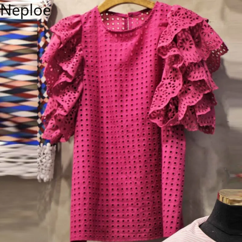 Neploe, рубашка с коротким рукавом, женская, элегантная, с оборками, открытая, в стиле пэчворк, блузка, женская, летняя,, модная, белая, розовая, топы, Blusas