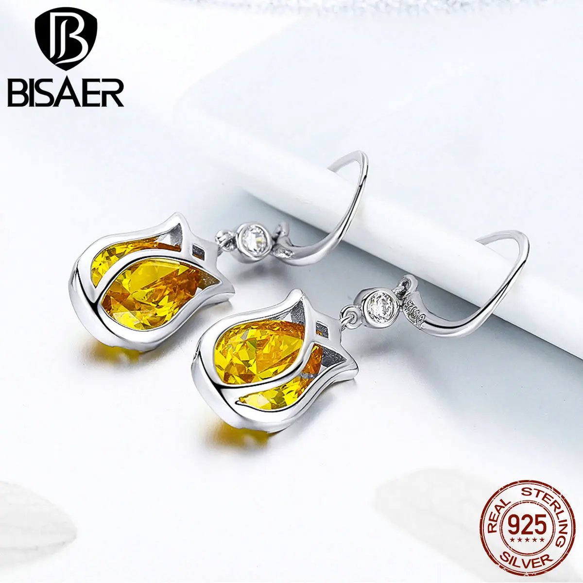 BISAER, новинка, 925 пробы, серебряные бутоны орхидеи, тюльпаны, цветы, висячие серьги для женщин, элегантные циркониевые серьги, ювелирное изделие EFE065