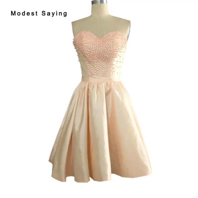 Женское короткое платье с жемчужинами Персиковое мини трапециевидной формы для