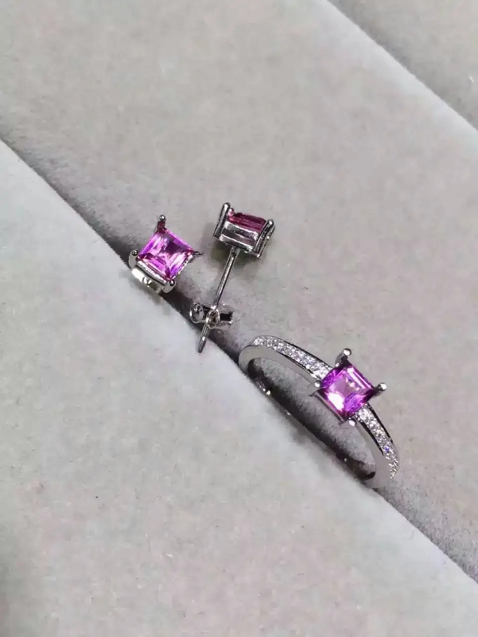Fidelity Natural pink tourmaline s925 sterling silver simple Square fine jewelry sets for women natural 4mm gem ring/earrings | Украшения и