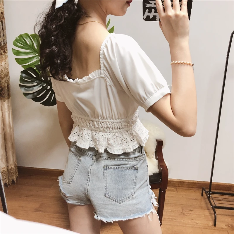 Летний топ с длинным рукавом белый женский короткий оборками и квадратным