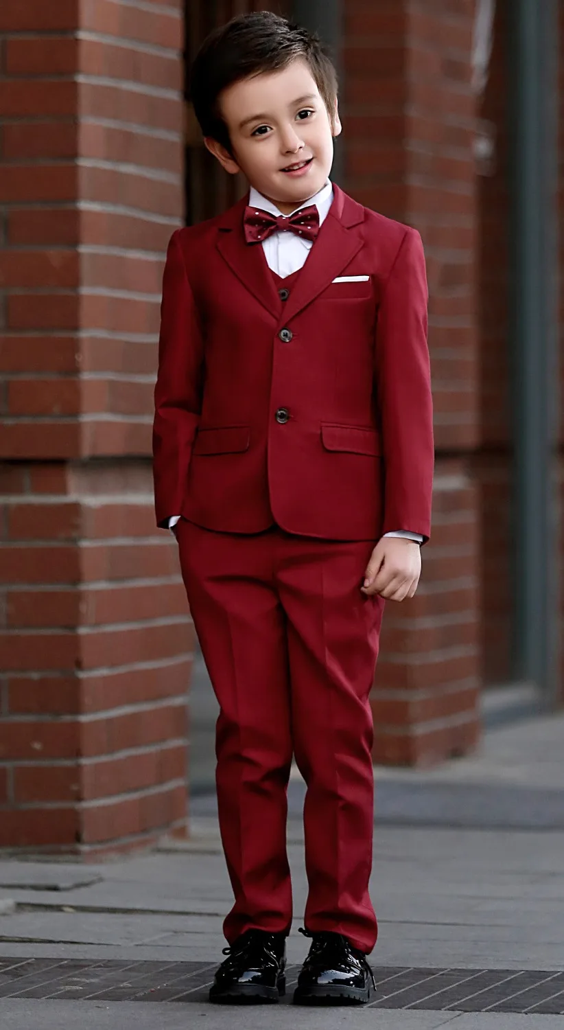 5 шт. мальчиков бордовый костюмы Slim Fit подносителя колец костюм для деловой