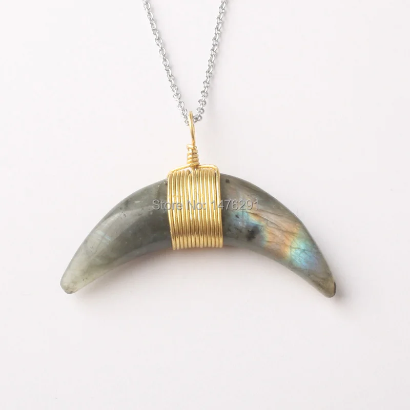 Пустое натуральный Лабрадорит Луна Рог Двусторонняя обмотки покрытием золотом