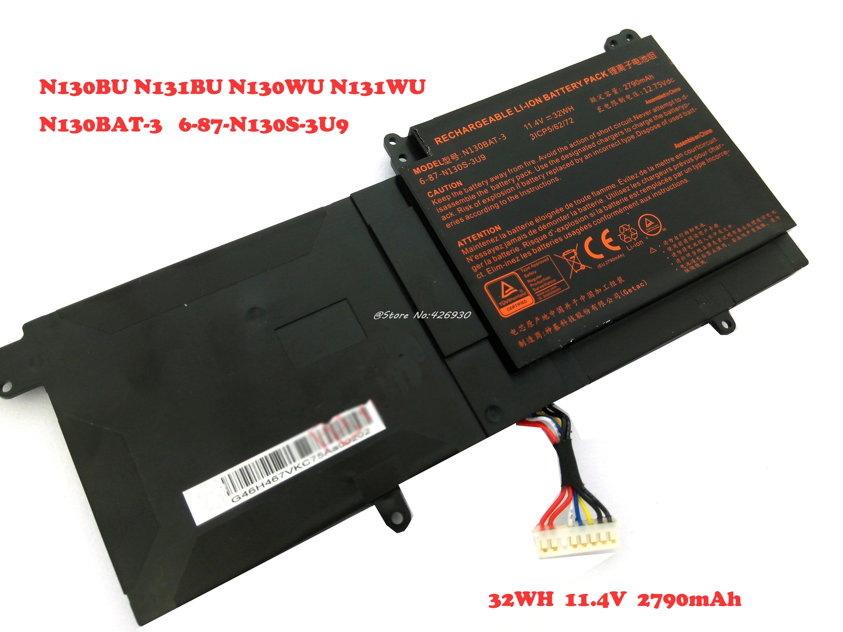 

Battery For CLEVO N130BU N131BU N130WU N131WU N130BAT-3 6-87-N130S-3U9 32WH 11.4V 2790mAh 6-87-N130S-3U9A 11.4V 3100mAh