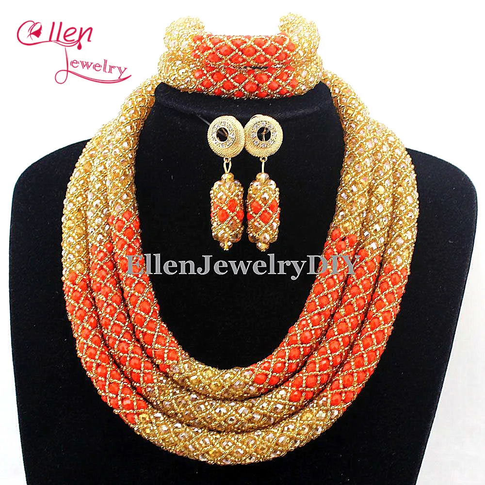 2019 New Arrived Fashion Champagne Orange Crystal Costume necklace sets Bridal Nigerian Wedding African Beads Jewelry Sets E1024 | Украшения