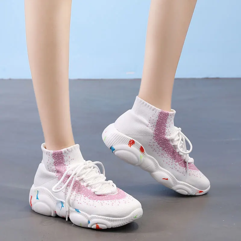 Кроссовки женская обувь эластичная вязаная Chaussures Femme на плоской платформе