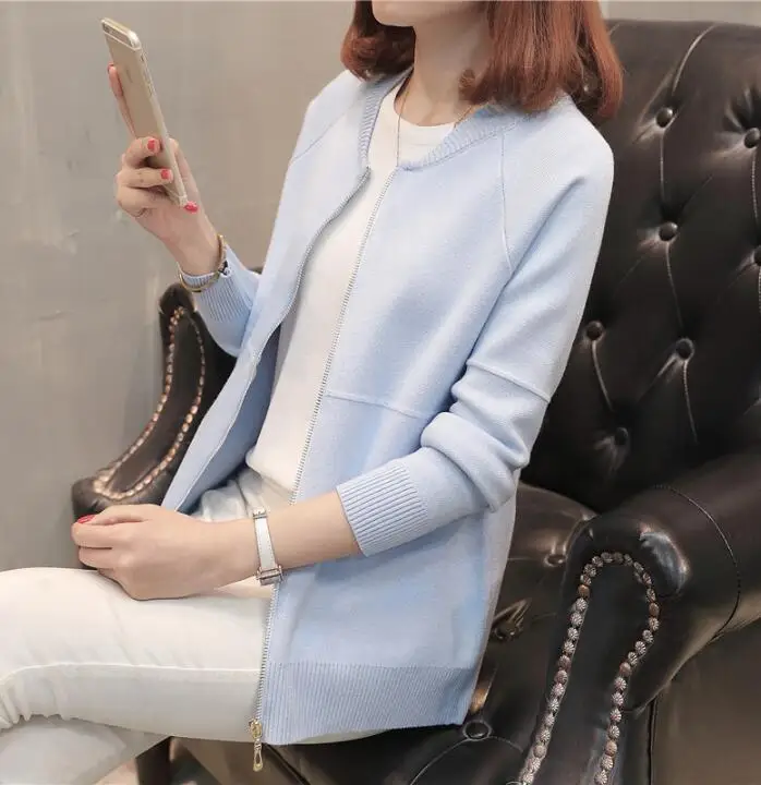 Небесно-голубой Knitted cardigan new autumn winter women's Plus size Sweater Solid color Korean casual Slim Long sleeve sweater jacket - Цвет: Небесно-голубой