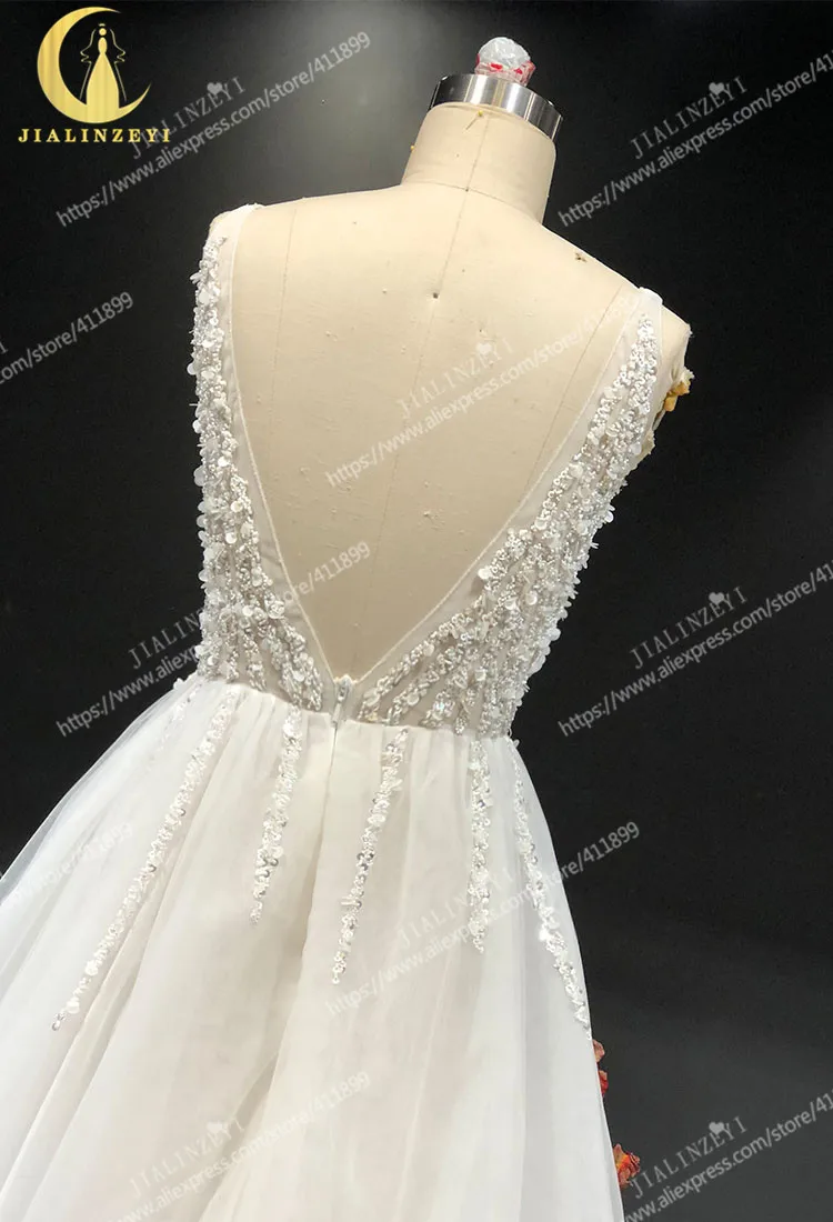 Rhine Sexy Deep V Neck Beads Sequins and Crystal Slit Tulle V back Fashion New Arrival Real Picture Wedding dresses