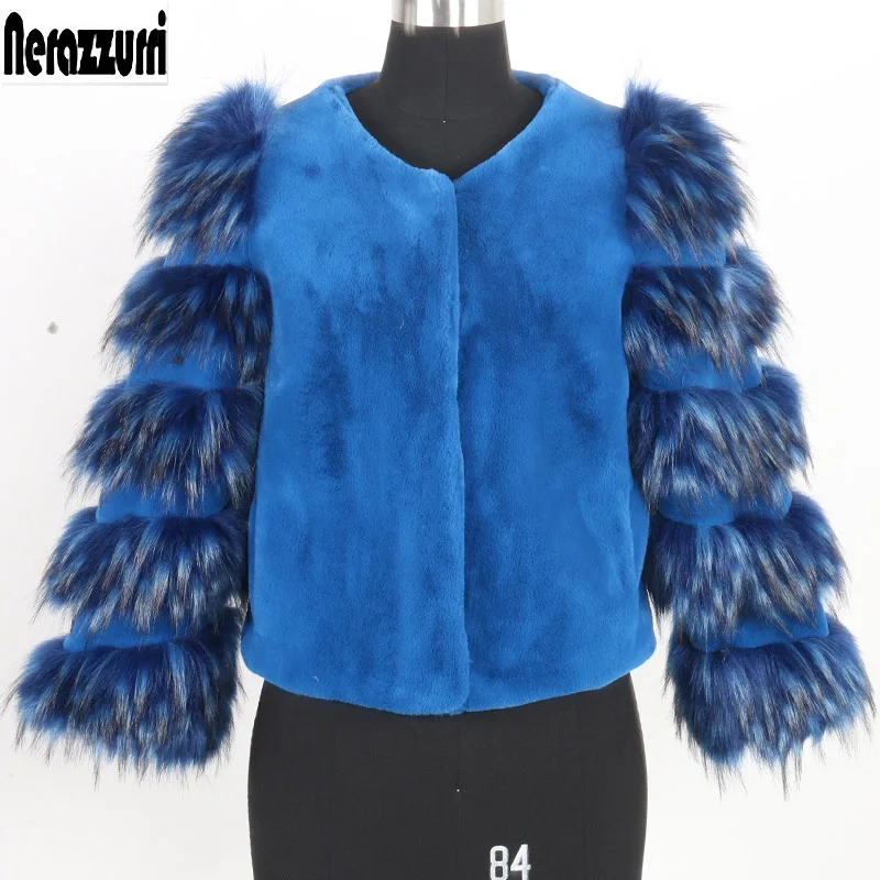 blue Nerazzurri, Женское пальто из искусственного меха, большой размер, короткий укороченный топ, синий, осень, зима, теплый мех, искусственный мех, стриженая норка, куртка, 5xl, 6xl, 7xl - Цвет: blue