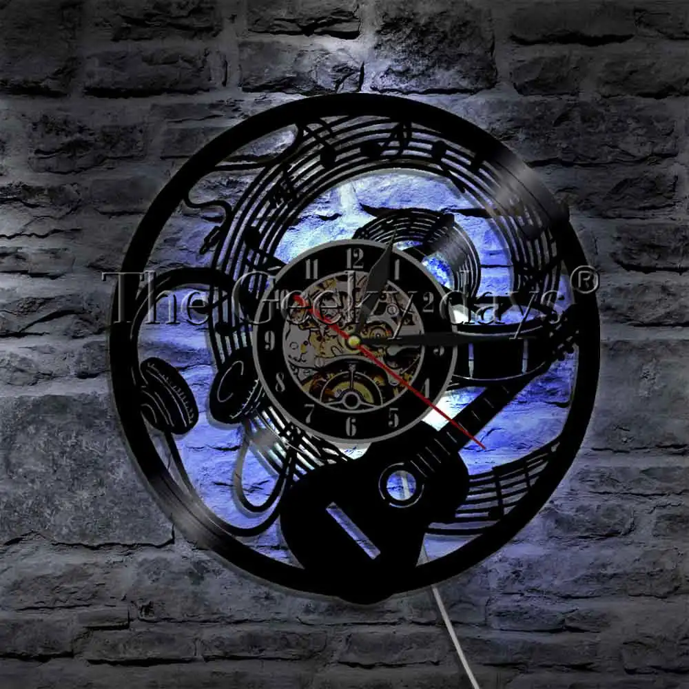 Виниловые часы для гитары настенные музыкальные ноты наушники инструмент декор