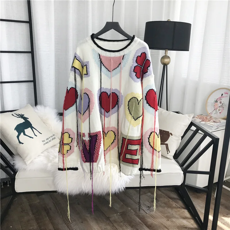GRUIICEEN autumn streetwear tassel long sweater top loving and letters pattern loose pullovers knitting jumpers GY2018135 | Женская
