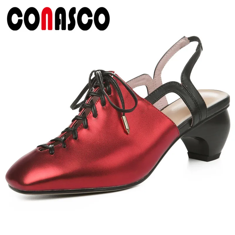 

CONASCO Fashion Rome Lace Up Square Toe Strange Style Women Pumps Elegant Genuine Leather Office Shoes Woman Summer Sandals