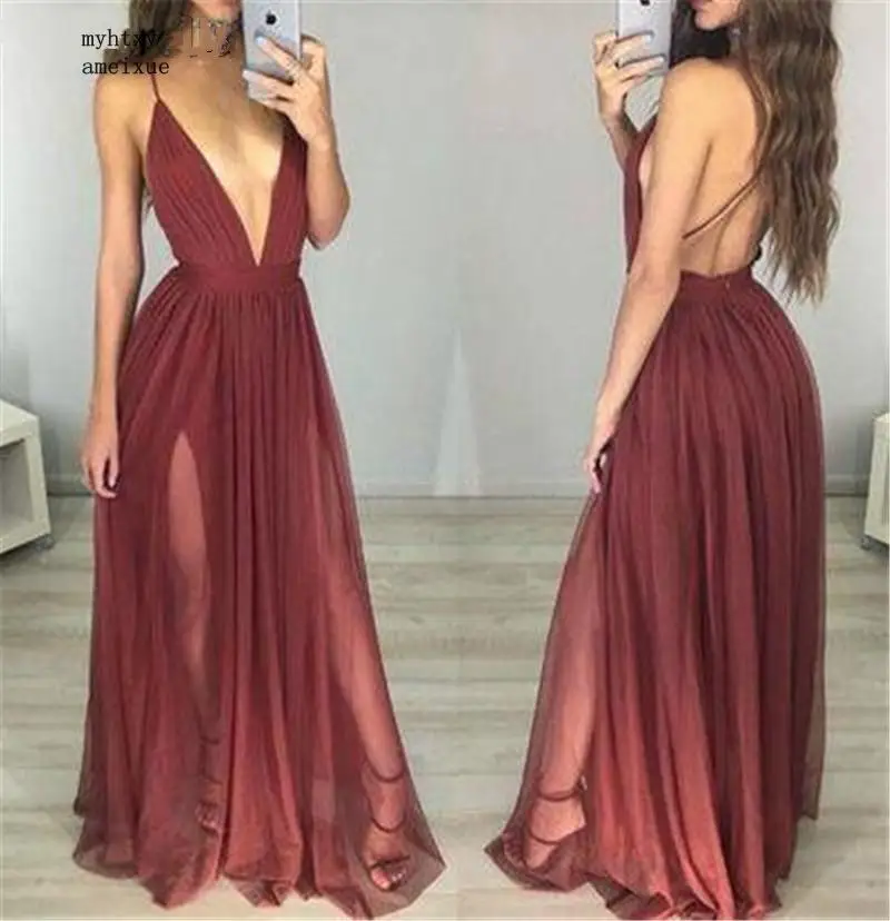

china Burgundy V-neck Spgahetti Straps Floor Length Sexy Side Slit Chiffon Evening Dresses See Through Party Prom Gown