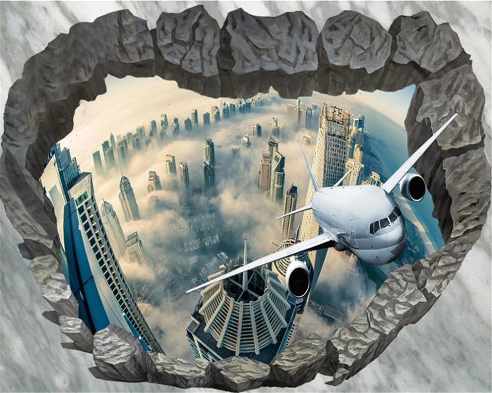 3d фотообои на заказ 3D фрески в стиле шокированного самолета городской пол