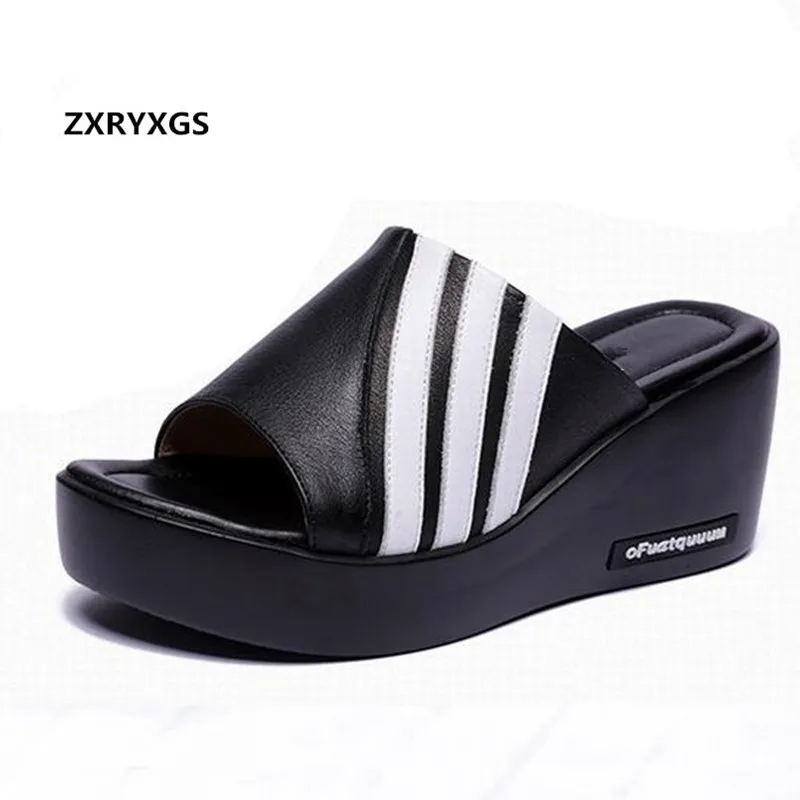 

2020 NEW spell color summer slippers women sandals platform wedges fashion casual shoes cow leather sandals slipper Wear outside