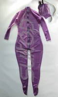 full cover latex zentai trasparent purple rubber catsuits not including corsets wtih hoods and gloves separated wtih back zip to