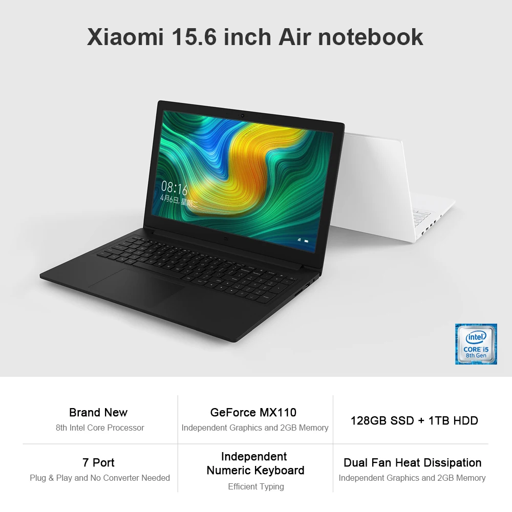 Xiaomi Mi ноутбук Ruby 15,6 ''Intel Core i5-8250U 4G DDR4 128GB SSD+ 1 ТБ HDD NVIDIA GeForce MX110 2G GDDR5 Air