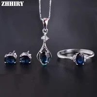 zhhiry women natural spphire jewelry sets genuine gemstone ring earrings pendant necklace 925 sterling silver