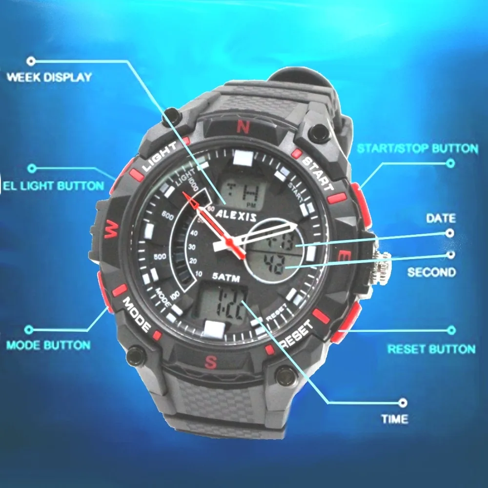 

Chronograph Alarm Water Resist Mens ALEXIS Dual Time Analog Digital Watch