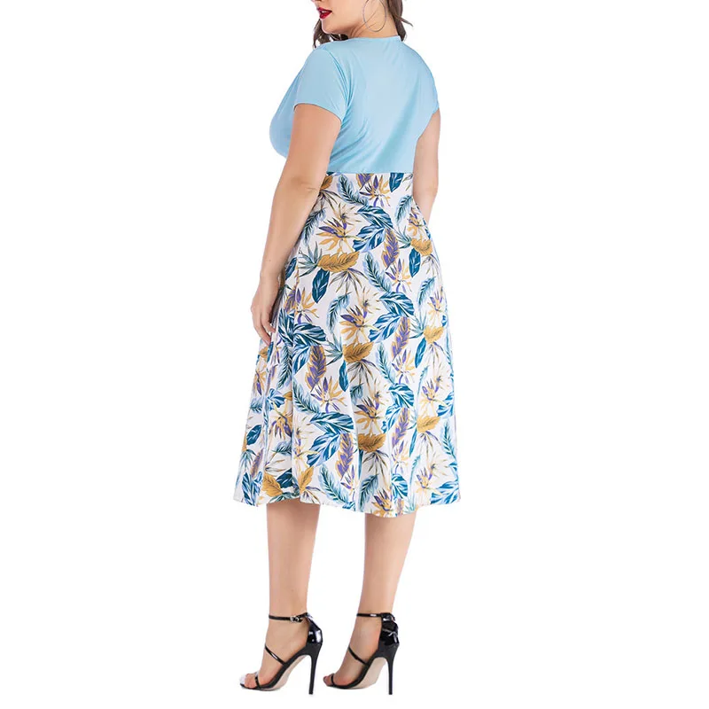 

V-neck short-sleeved holiday style stitching chiffon print high waist dress V-neck Resort Casual Dresses Split go to work Dress