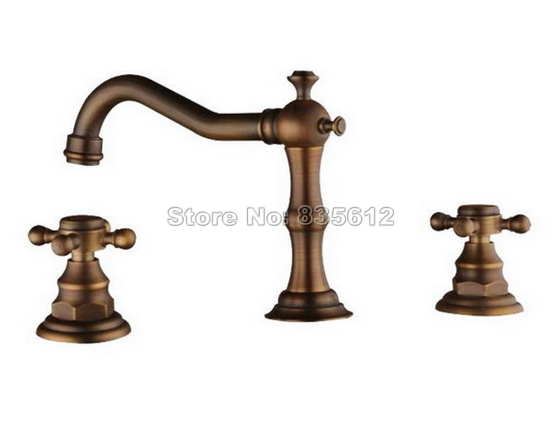 

Antique Brass Dual Cross Handles Widespread Bathroom Basin Mixer Tap / Three Hole Deck Mounted Vessel Sink Faucet Wnf055