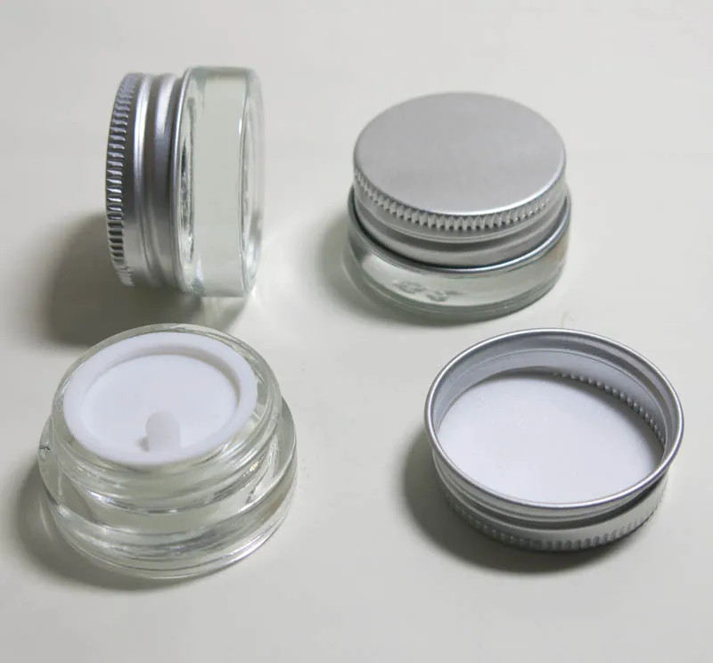

360 x 5g Travel Transparent Small Cute Glass Cream Pot 5g Glass Make up Jars with Silver Aluminum Cap White PE Pad