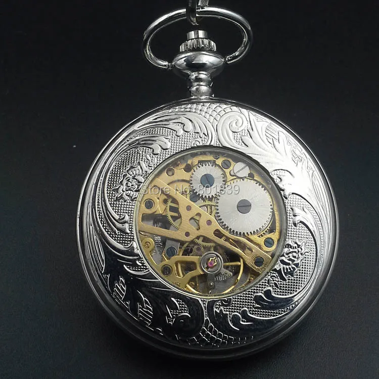 Elegant Silver Tone Skeleton Mechanical Wind Up Men's Pocket Watch Nice Gift H167|watch silver|watch storewatch flying |