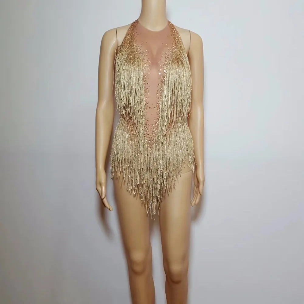 Sexy Sparkly Gold Tassel Bodysuit Rhinestones Outfit Glisten Beads Costume One-piece Dance Wear Singer Stage Leotard Bodysuit