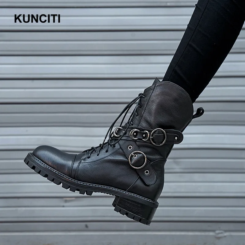 KUNCITI/; Женские ботинки в байкерском стиле из натуральной кожи; металлическая пряжка; зимние ботинки на шнуровке; Зимние ботильоны; дизайн; D559