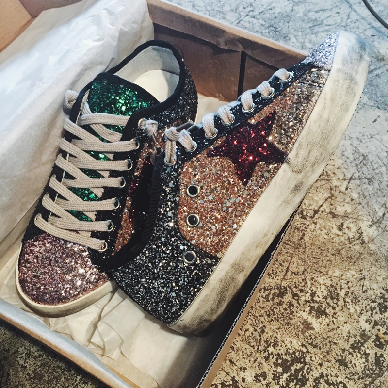 Women Casual Shoes Genuine Leather Do Old Dirty High Top Sneakers Mixed Color Sequins Fashion Golden Superstar | Обувь