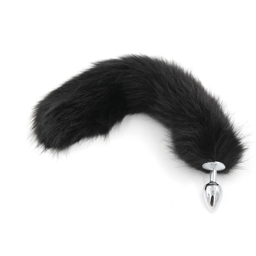 Искусственный Лисий хвост черный плюшевый мех с металлической анальной пробкой
