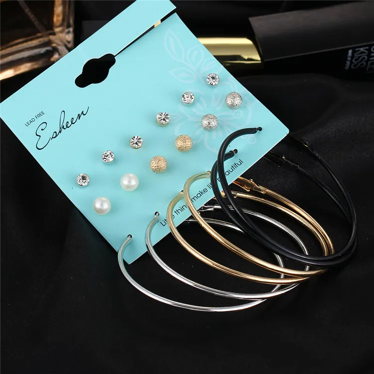 17 км абсолютно 9 пар/уп. Винтажный Золотой цвет большой круг обруч серьги для женщин стимпанк ухо женские серьги набор вечерние ювелирные изделия