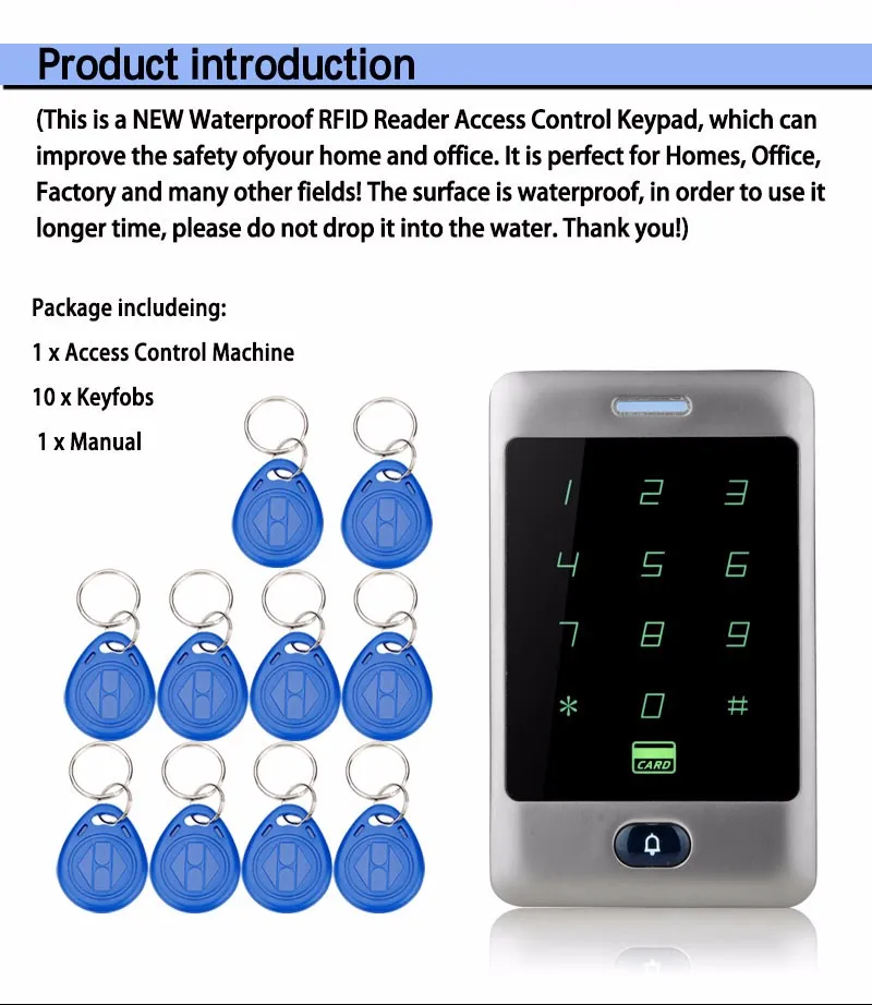 8000 пользователей Сенсорный Водонепроницаемый RFID Контроль доступа металлическая клавиатура+ 10 RFID брелоков для система контроля допуска к двери электрические дверные замки